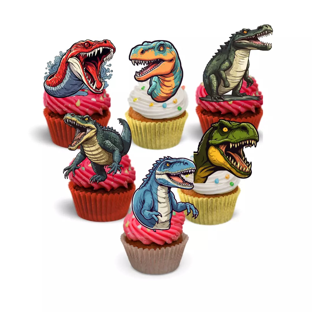 24x Dinosaur - Glitter Backed Cupcake Toppers