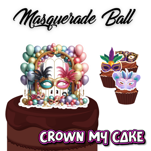 Masquerade Ball  Themed Cake Topper & 12x Cupcake Picks
